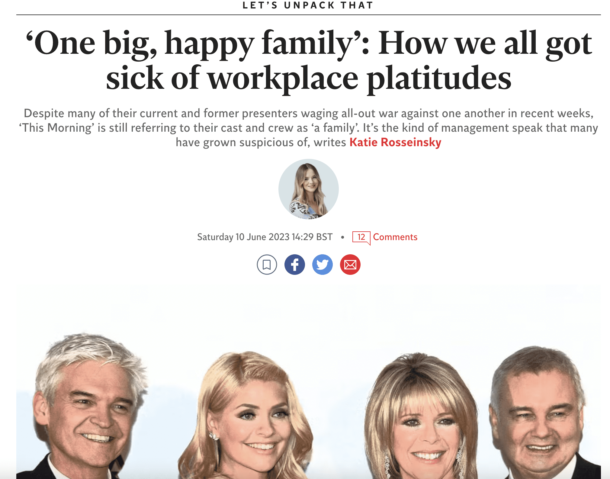 The Independent - June 2023

In this article, “‘One big, happy family’: How we all got sick of workplace platitudes” written by Katie Rosseinsky, Gina Visram contributes some thoughts on terminology used to describe workplaces (following the developments at This Morning in spring/summer 2023) 